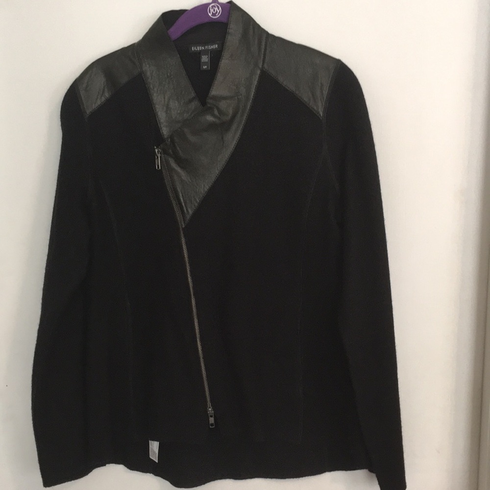 Eileen Fisher Leather Trim Merino Wool Jacket